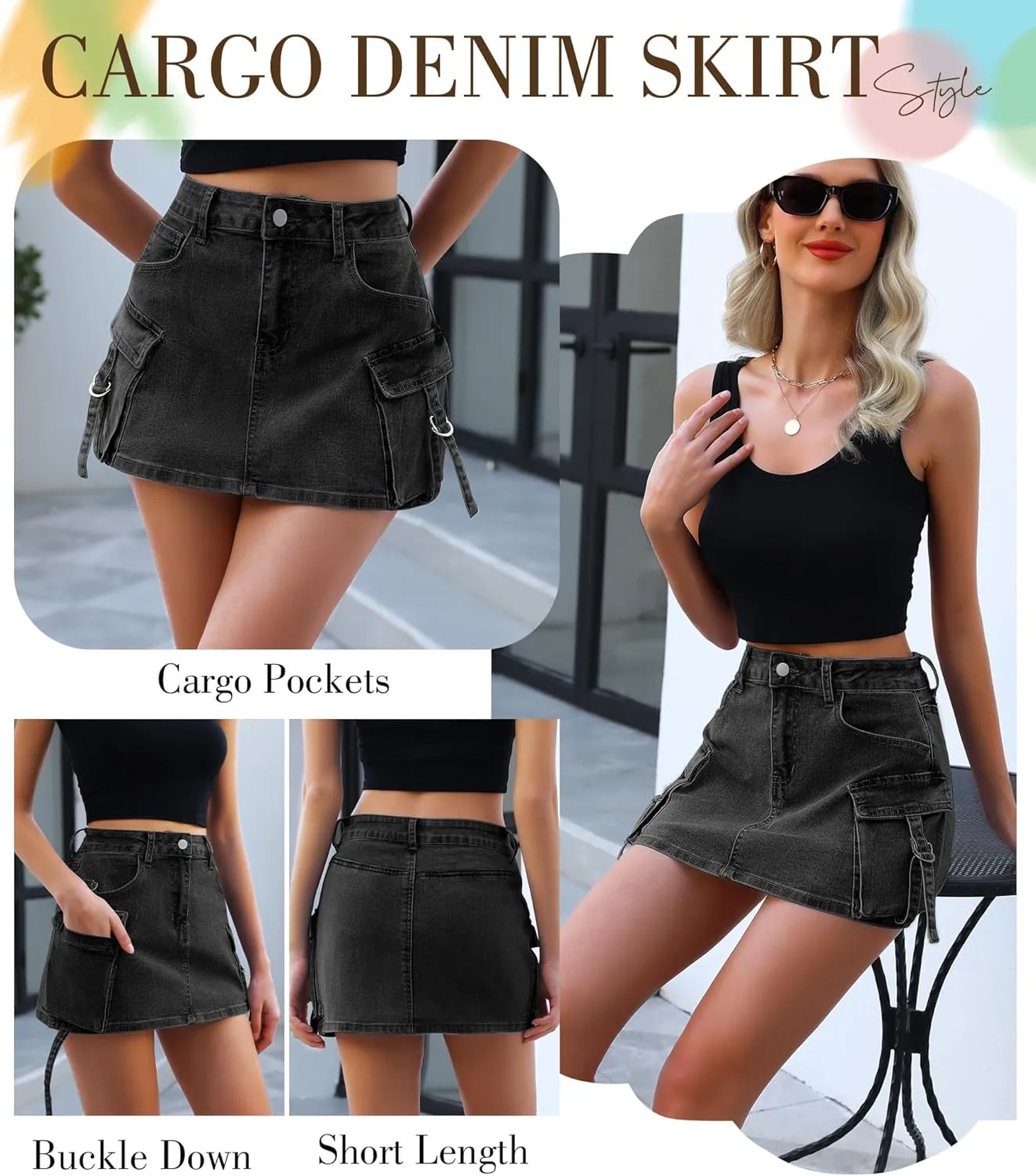Womens Denim Cargo Skirt Mini High Waisted Button Cute Y2k Jean Skirts with Pockets