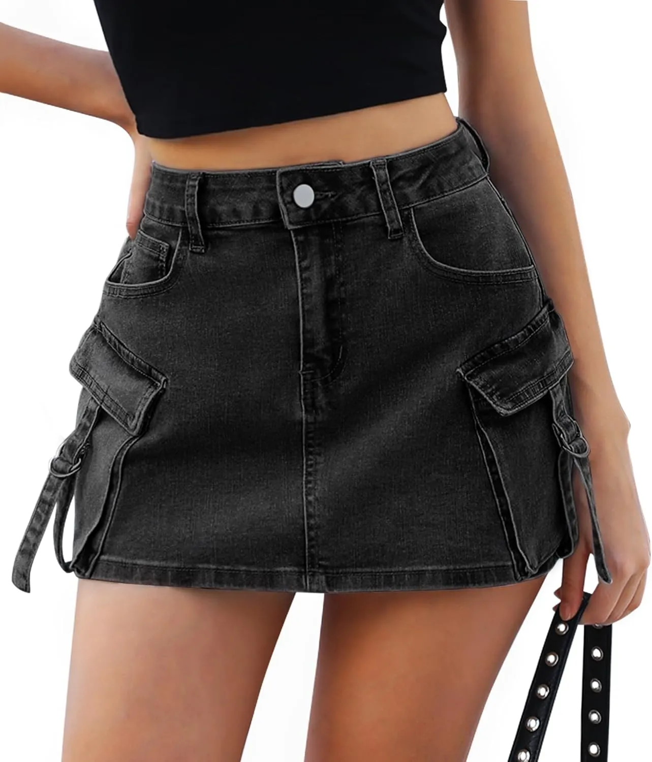 Womens Denim Cargo Skirt Mini High Waisted Button Cute Y2k Jean Skirts with Pockets