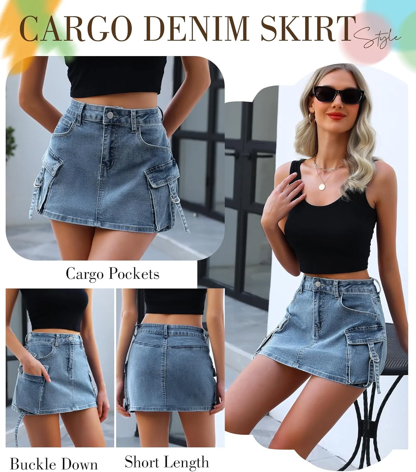 Womens Denim Cargo Skirt Mini High Waisted Button Cute Y2k Jean Skirts with Pockets