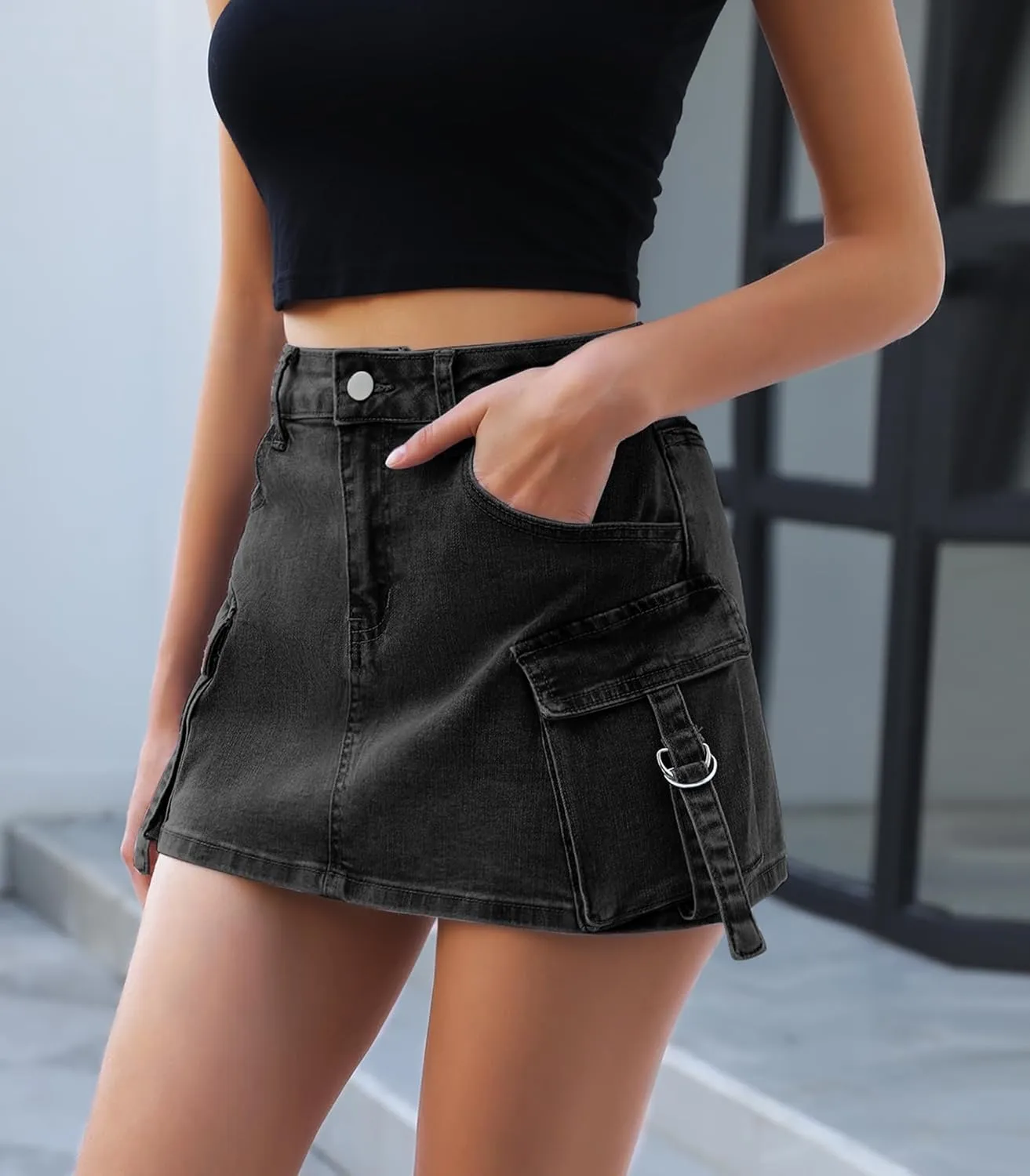 Womens Denim Cargo Skirt Mini High Waisted Button Cute Y2k Jean Skirts with Pockets