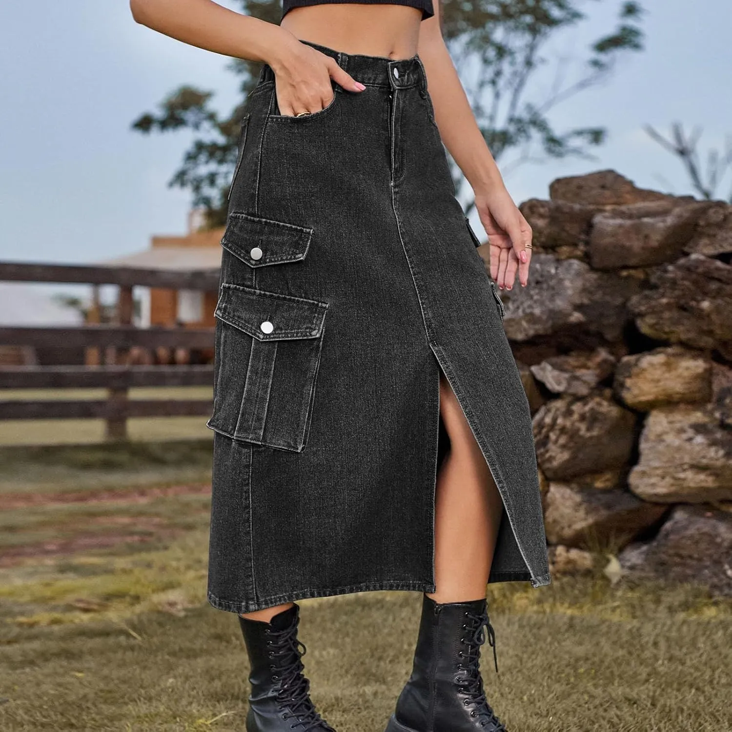 Womens Denim Long Skirts Slit Front Midi Cargo Y2k Casual Jean Skirts High Waisted Denim Jean Skirt with Pockets