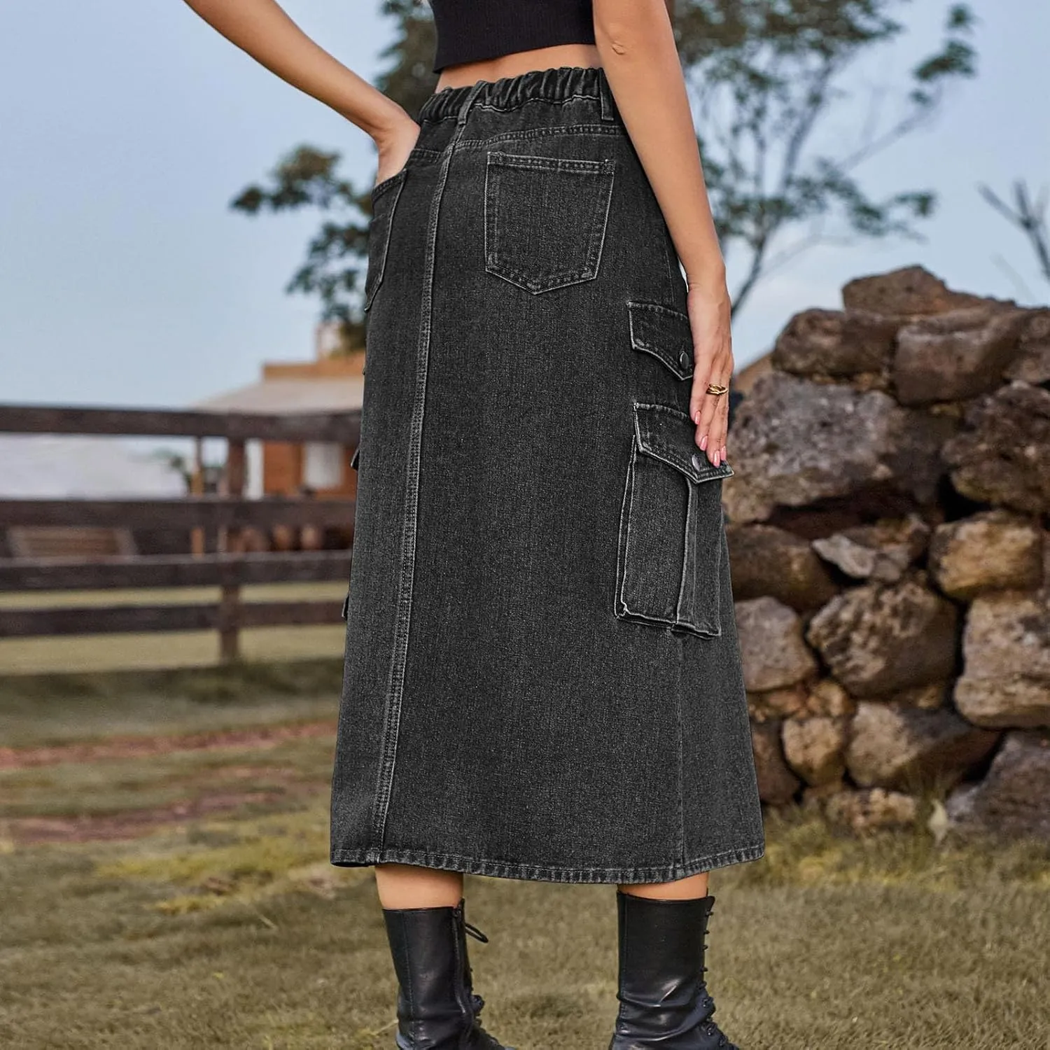 Womens Denim Long Skirts Slit Front Midi Cargo Y2k Casual Jean Skirts High Waisted Denim Jean Skirt with Pockets