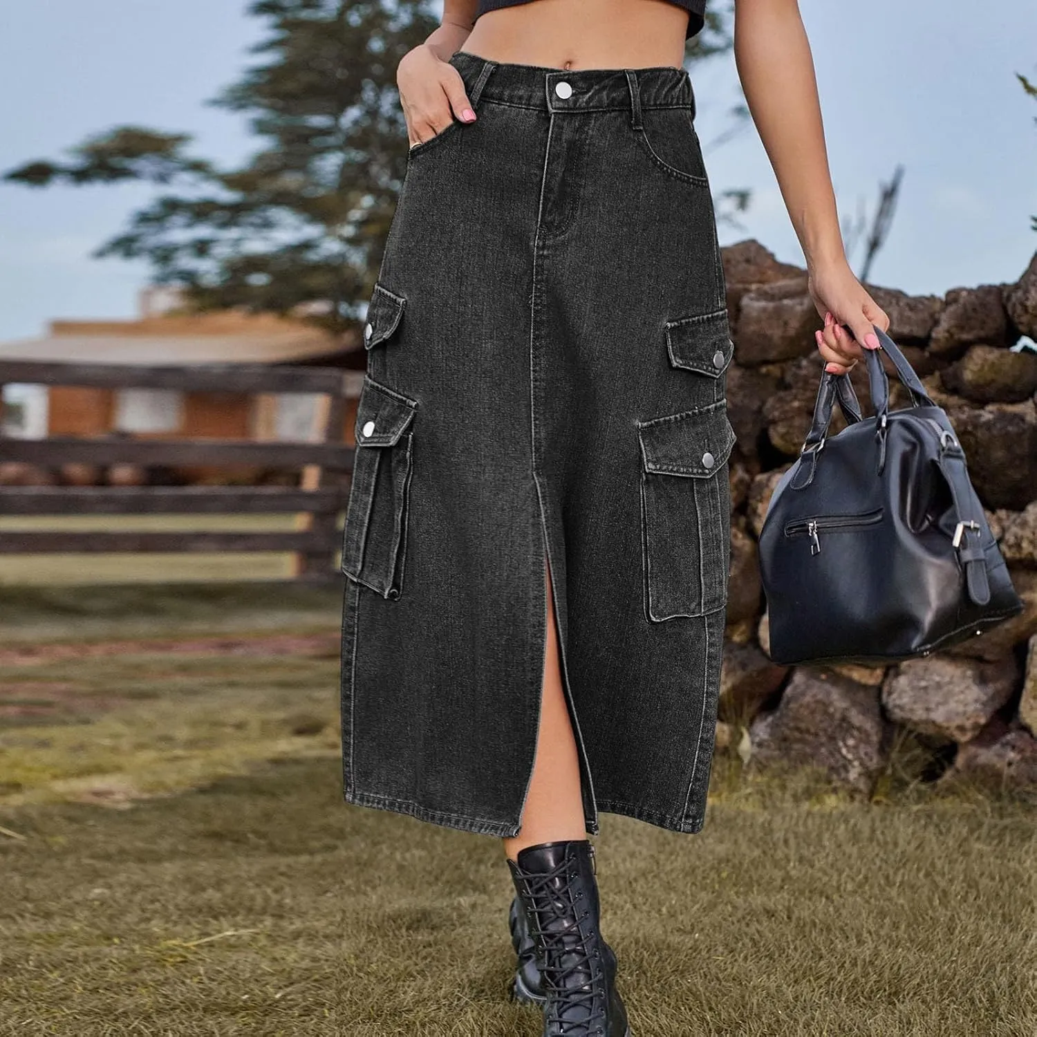 Womens Denim Long Skirts Slit Front Midi Cargo Y2k Casual Jean Skirts High Waisted Denim Jean Skirt with Pockets