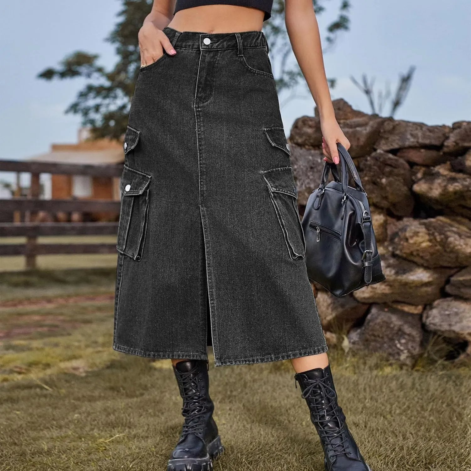 Womens Denim Long Skirts Slit Front Midi Cargo Y2k Casual Jean Skirts High Waisted Denim Jean Skirt with Pockets