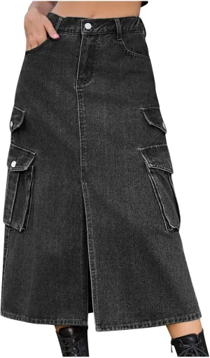 Womens Denim Long Skirts Slit Front Midi Cargo Y2k Casual Jean Skirts High Waisted Denim Jean Skirt with Pockets