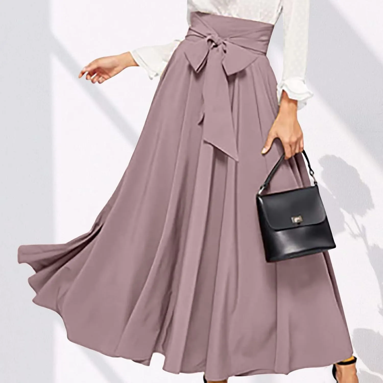 Women's Elegant High Waisted Skirt Tie Front Pleated Maxi Skirts Fashion Solid Color Flowy Swing Ankle Length Skirt