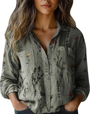 Womens Ethnic Linen Shirts Floral Print Long Sleeve V Neck Button Down Shirt Vintage Boho Blouses Gauze Tunic Tops