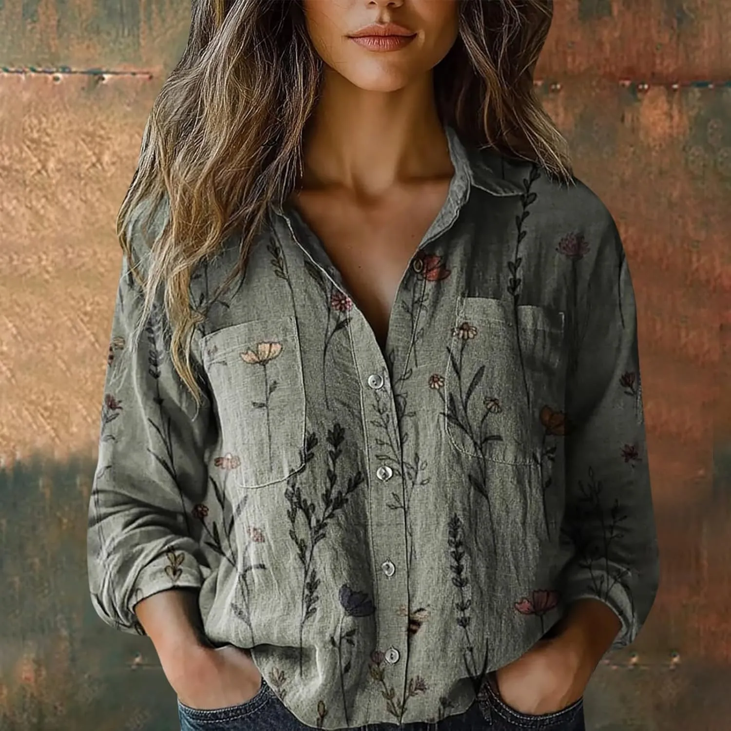 Womens Ethnic Linen Shirts Floral Print Long Sleeve V Neck Button Down Shirt Vintage Boho Blouses Gauze Tunic Tops