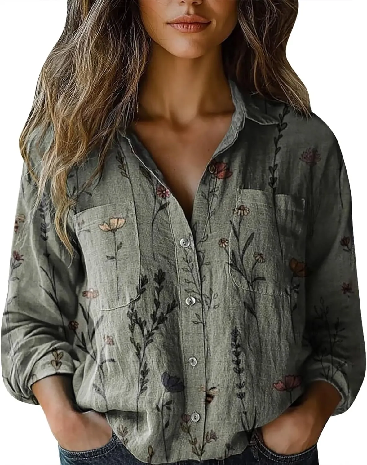 Womens Ethnic Linen Shirts Floral Print Long Sleeve V Neck Button Down Shirt Vintage Boho Blouses Gauze Tunic Tops