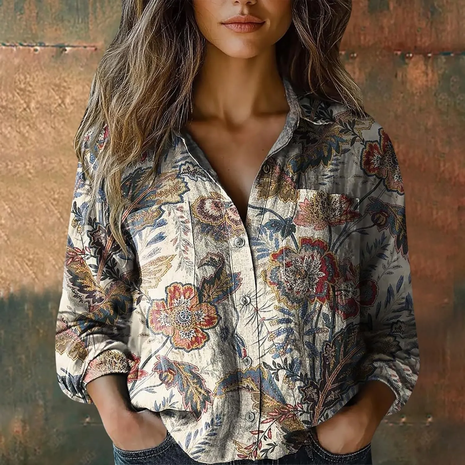 Women's Ethnic Shirts Floral Print Button Down Shirt Fashion Lightweight Linen Long Sleeve Blouse Boho Shirts Casual Tops