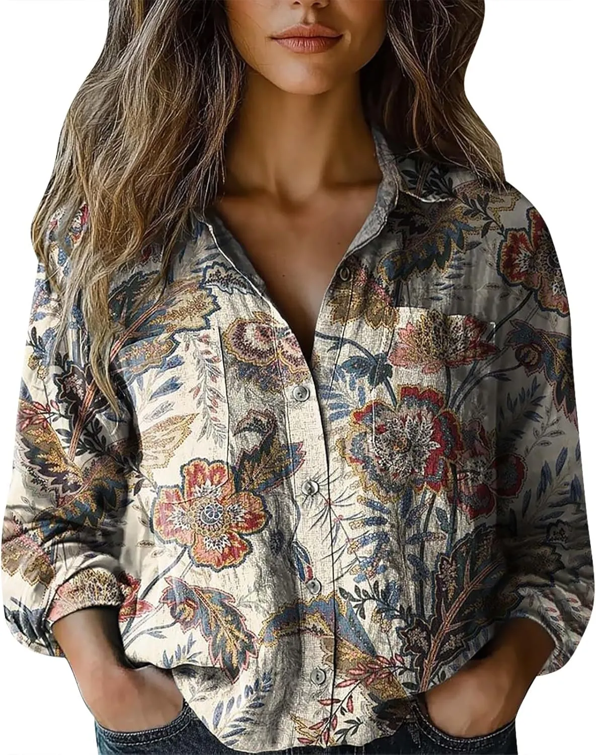 Women's Ethnic Shirts Floral Print Button Down Shirt Fashion Lightweight Linen Long Sleeve Blouse Boho Shirts Casual Tops