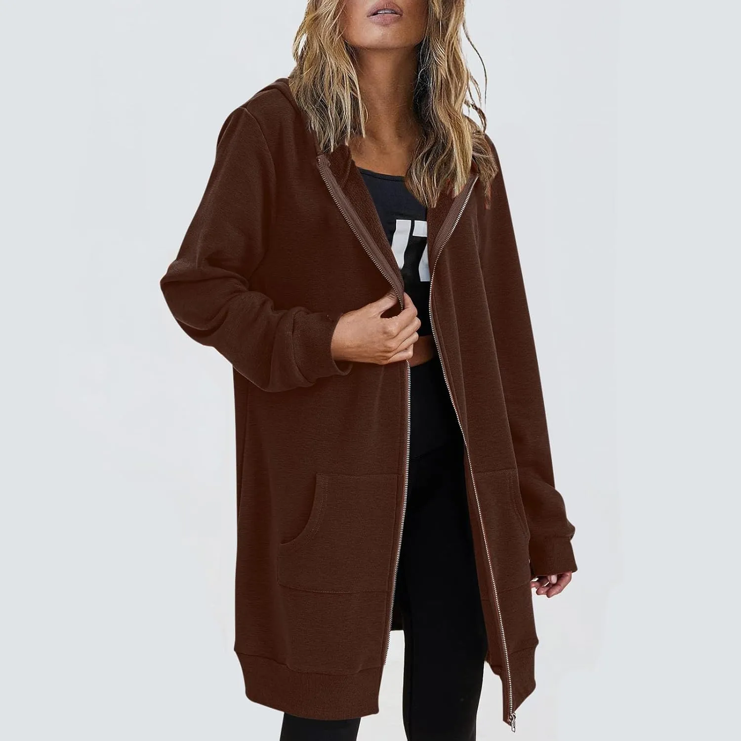 Womens Fall Winter Hoodies Mid Length Zip Up Hooded Long Sleeve Solid Warm Coats Fleece Thick Jackets with Pockets