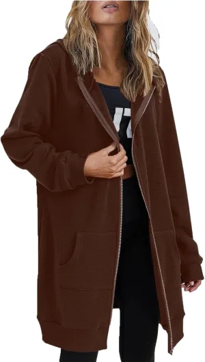 Womens Fall Winter Hoodies Mid Length Zip Up Hooded Long Sleeve Solid Warm Coats Fleece Thick Jackets with Pockets