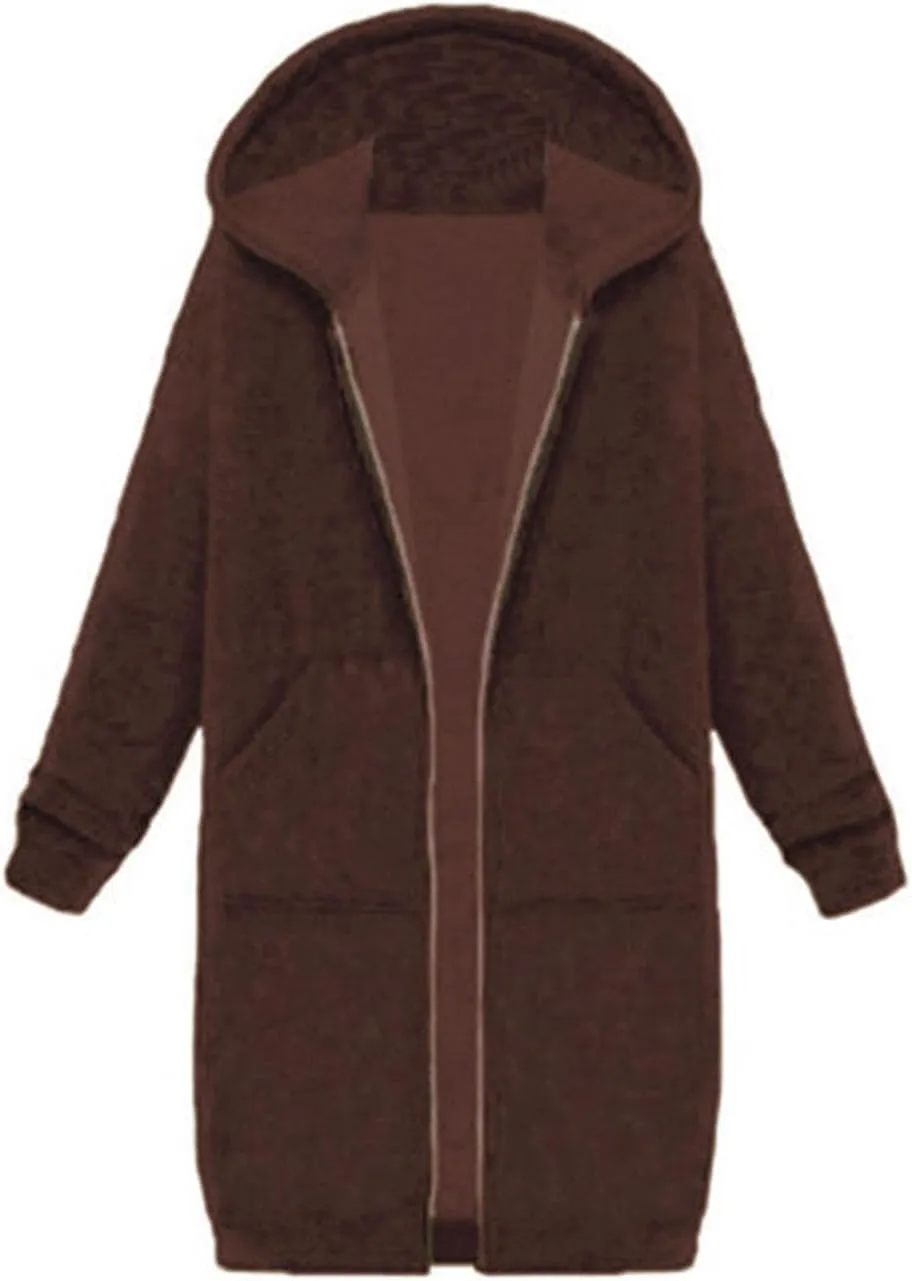 Womens Fall Winter Hoodies Mid Length Zip Up Hooded Long Sleeve Solid Warm Coats Fleece Thick Jackets with Pockets