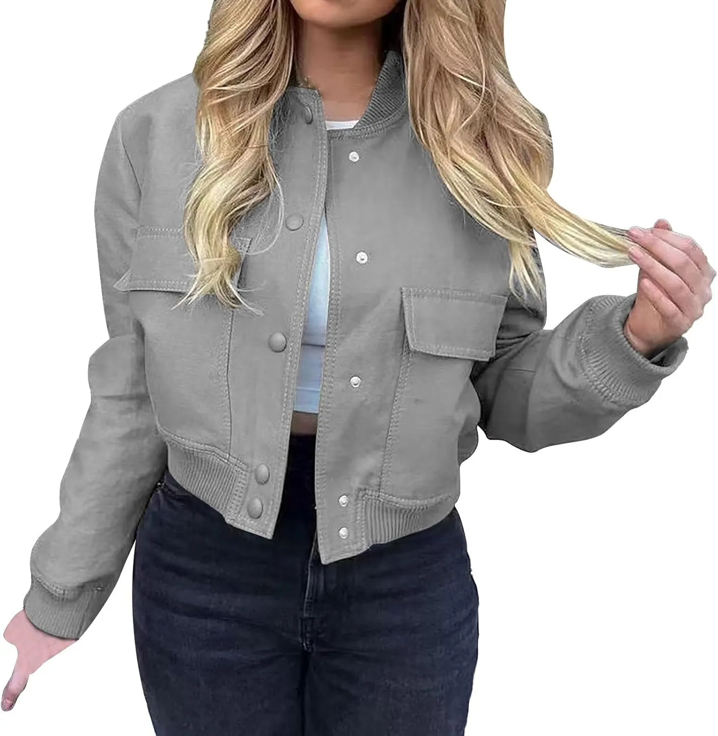 Women's Fashion Short Jackets Fall Button Down Strand Collar Varsity Cropped Shackets Long Sleeve Bomber with Pockets