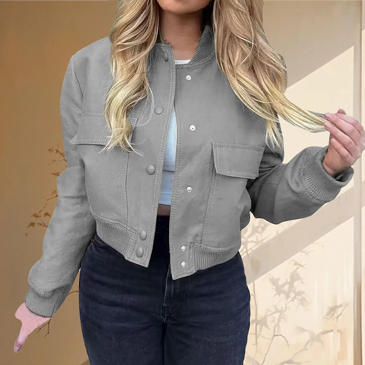 Women's Fashion Short Jackets Fall Button Down Strand Collar Varsity Cropped Shackets Long Sleeve Bomber with Pockets