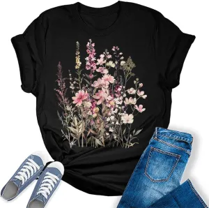 Womens Floral Shirts Wildflower Casual Graphic Tees Vintage Short Sleeve Girls T Shirts Fall Plus Size Tops