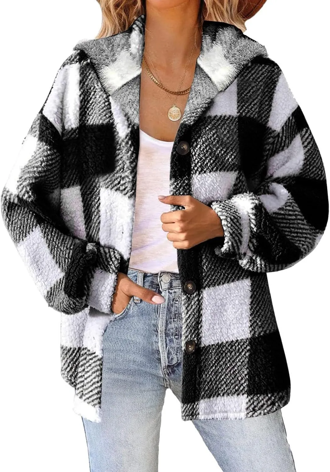 Womens Fuzzy Flannel Jacket Fall Fashion Sherpa Lined Plaid Shacket Long Sleeve Button Down Fleece Plush Hoodies