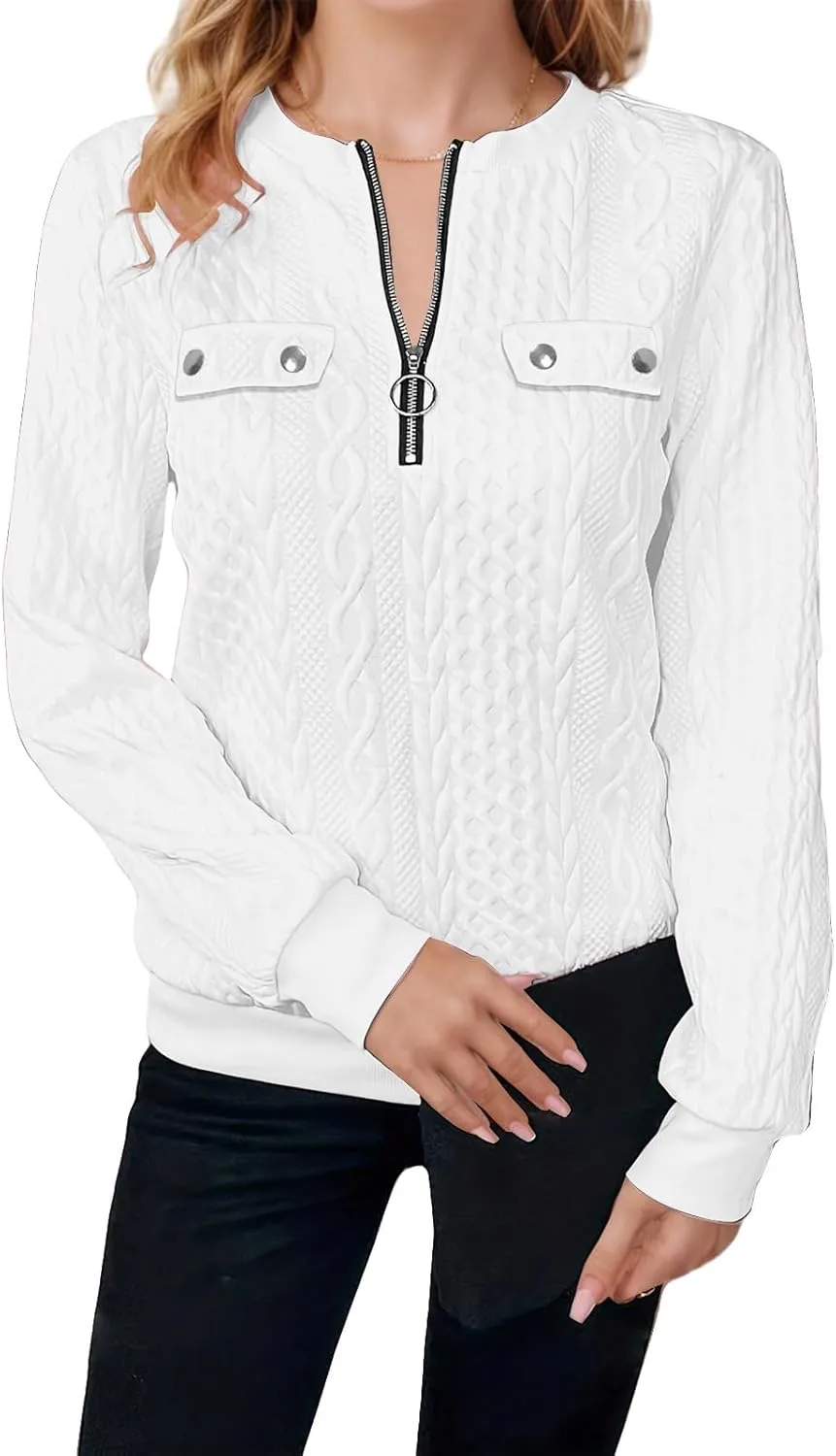 Womens Half Zip Sweatshirt Fashion Textured Pullover Casual Cable Knit Sweatshirt Loose Lightweight Long Sleeve Tops