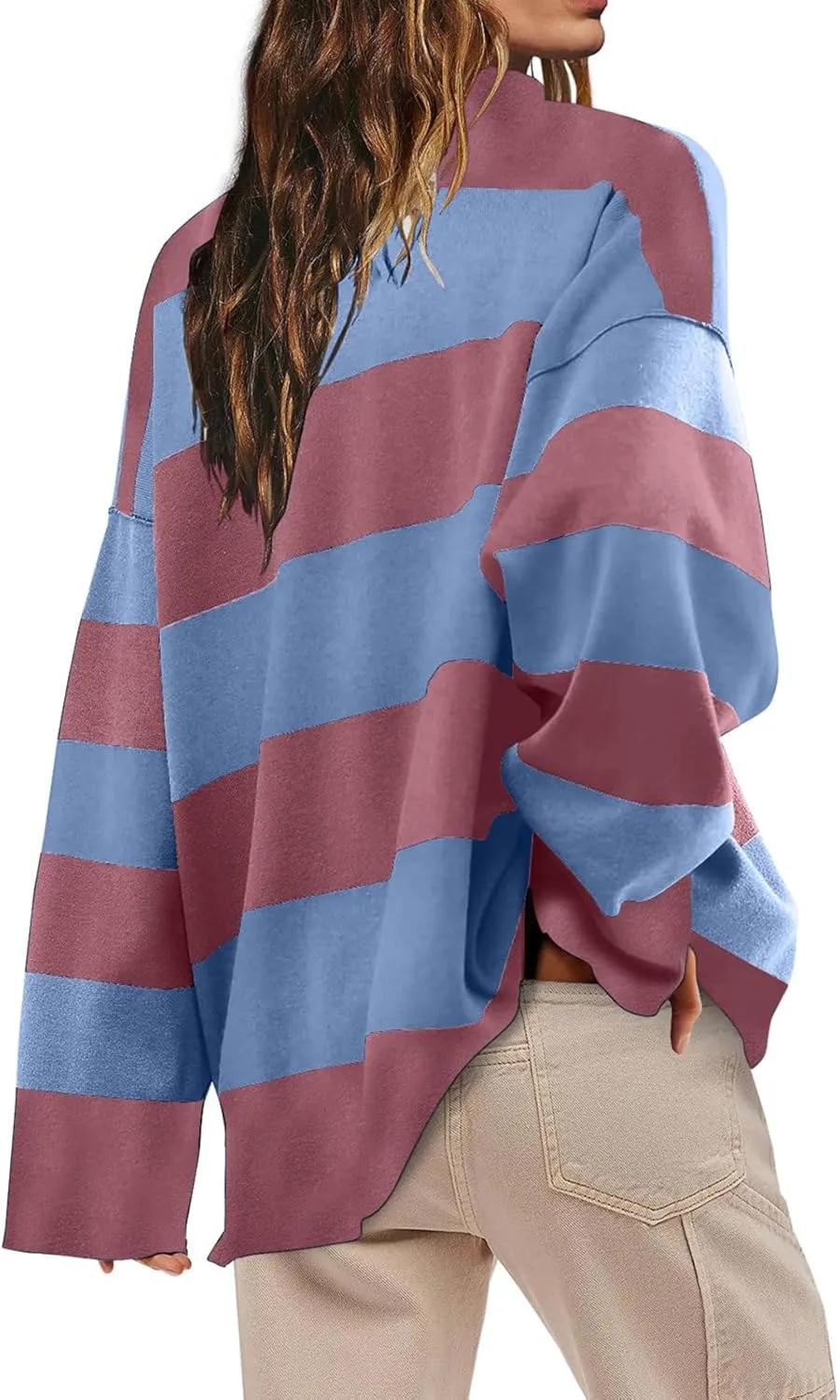 Womens Half Zip Sweatshirt Oversized Stripe Quarter Zip Pullover Long Sleeve Color Block Tops Lapel Collar Clothes
