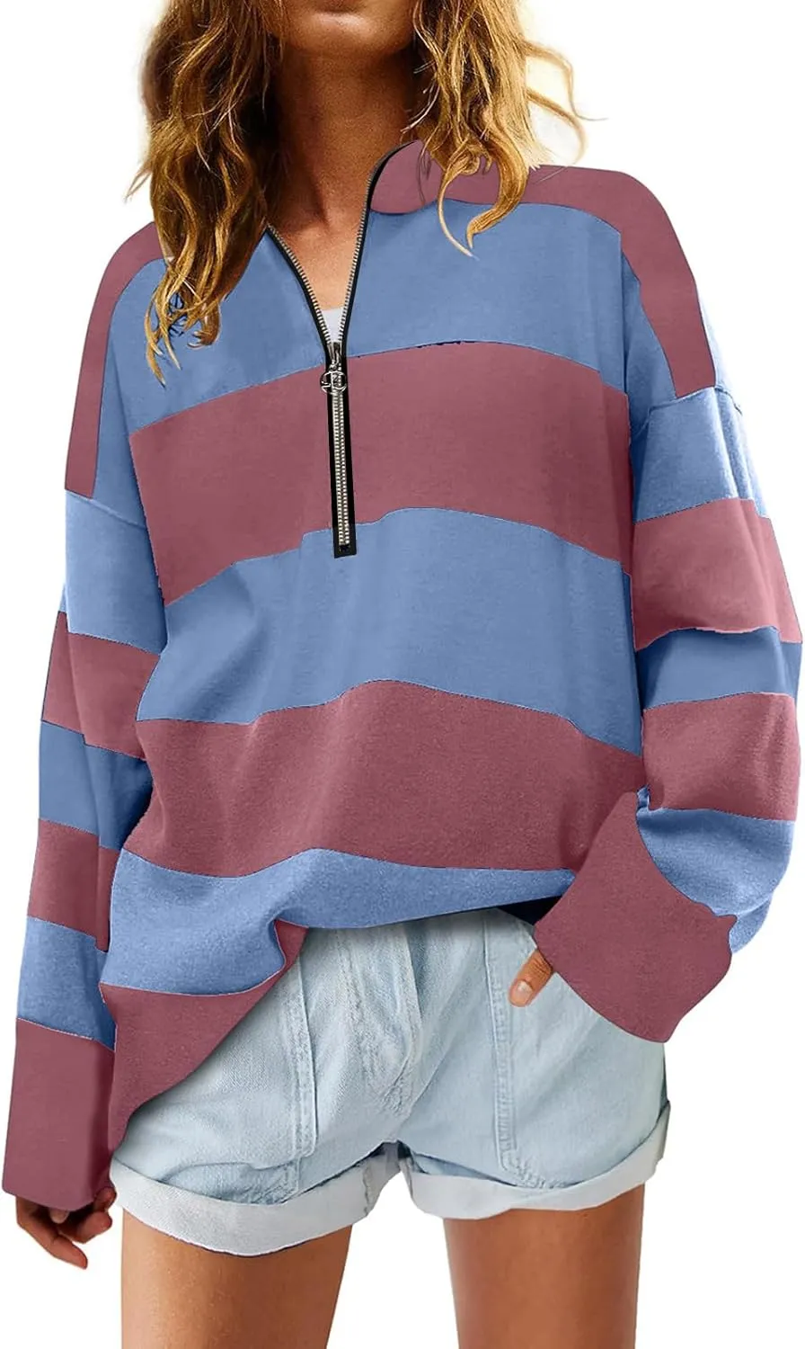 Womens Half Zip Sweatshirt Oversized Stripe Quarter Zip Pullover Long Sleeve Color Block Tops Lapel Collar Clothes