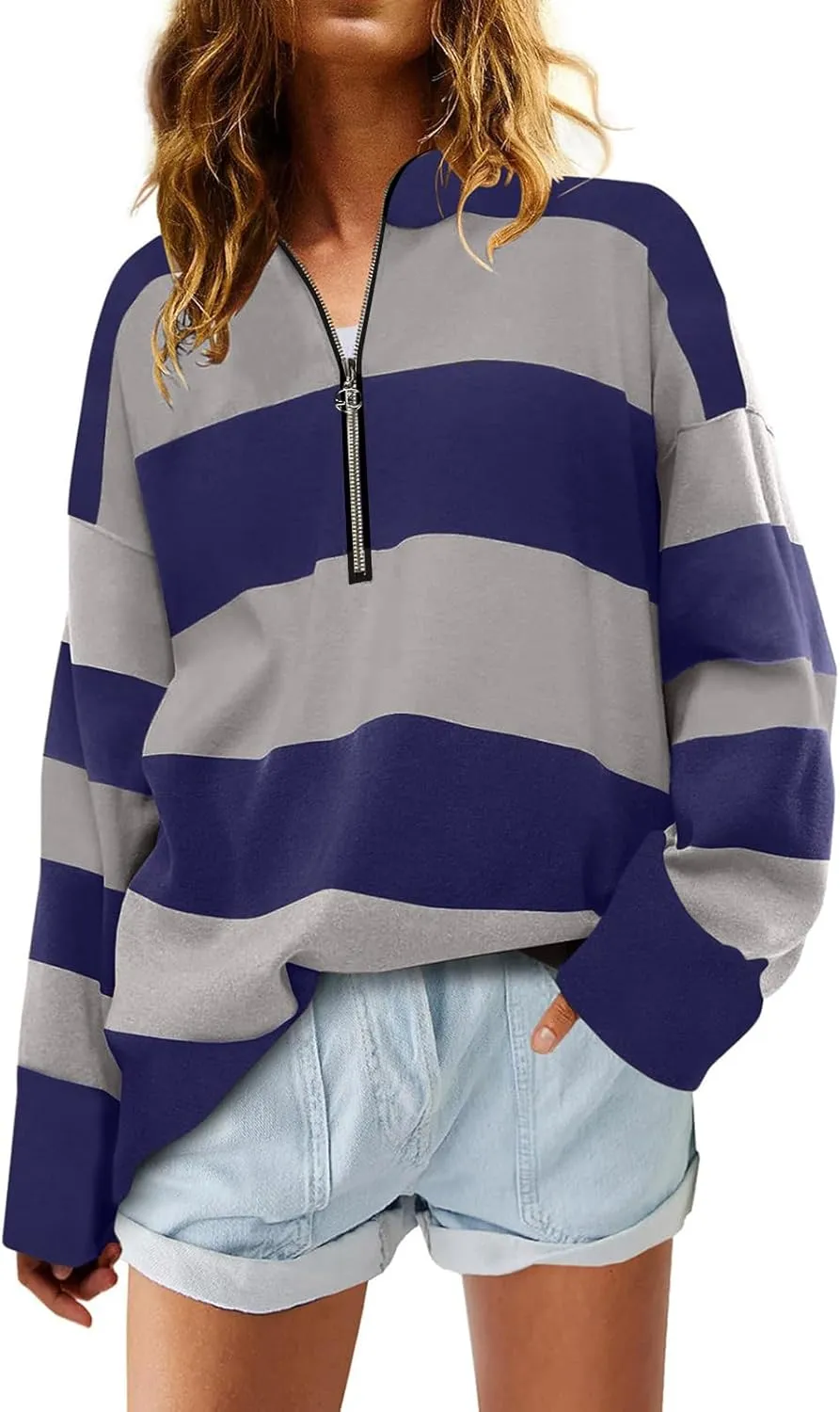 Womens Half Zip Sweatshirt Oversized Stripe Quarter Zip Pullover Long Sleeve Color Block Tops Lapel Collar Clothes