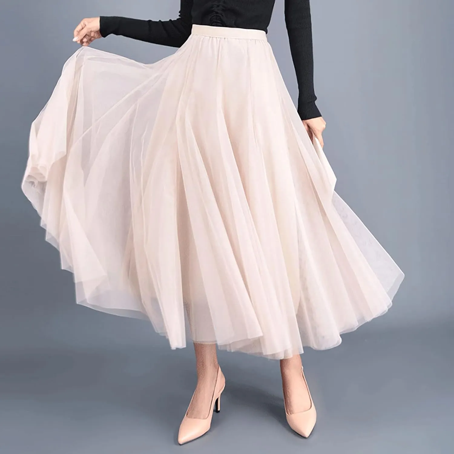 Women's High Waist A Line Skirts Women's Tulle Layered Skirt Mesh Pleated Midi Skirts Draped High Waist Elegant