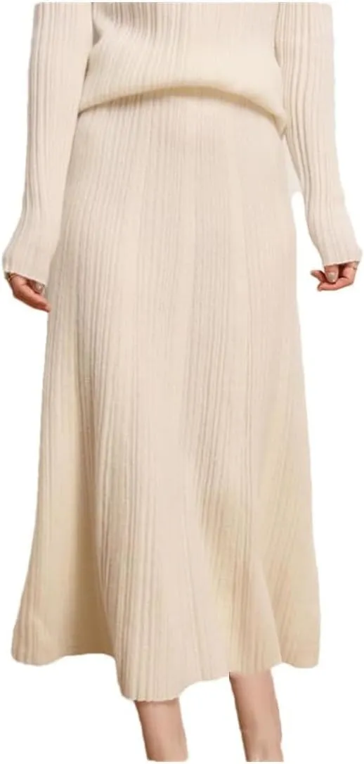 Women's High Waist Pleated Cashmere A-Line Midi Skirt for Spring Autumn and Winter