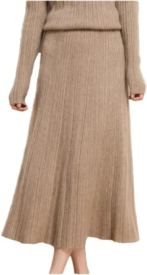 Women's High Waist Pleated Cashmere A-Line Midi Skirt for Spring Autumn and Winter