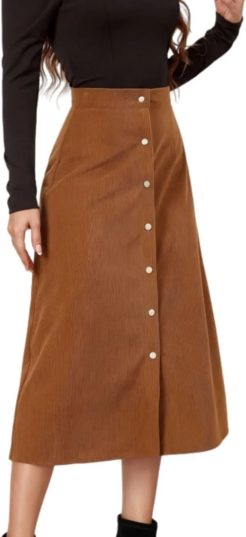 Women's High Waisted Corduroy A-Line Midi Skirt with Front Buttons