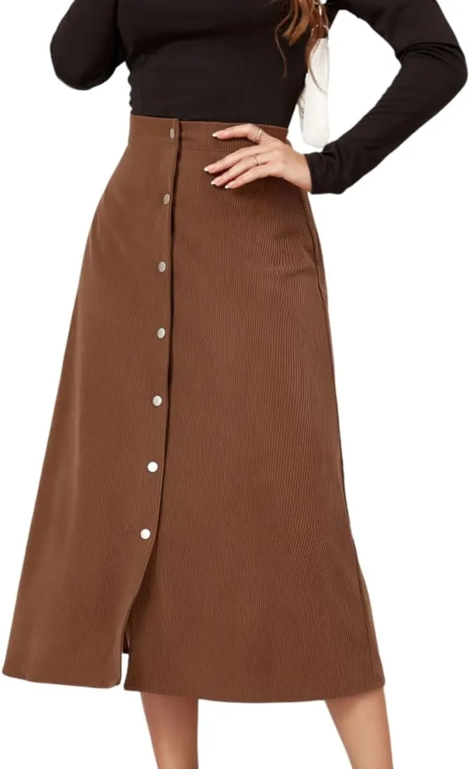 Women's High Waisted Corduroy A-Line Midi Skirt with Front Buttons