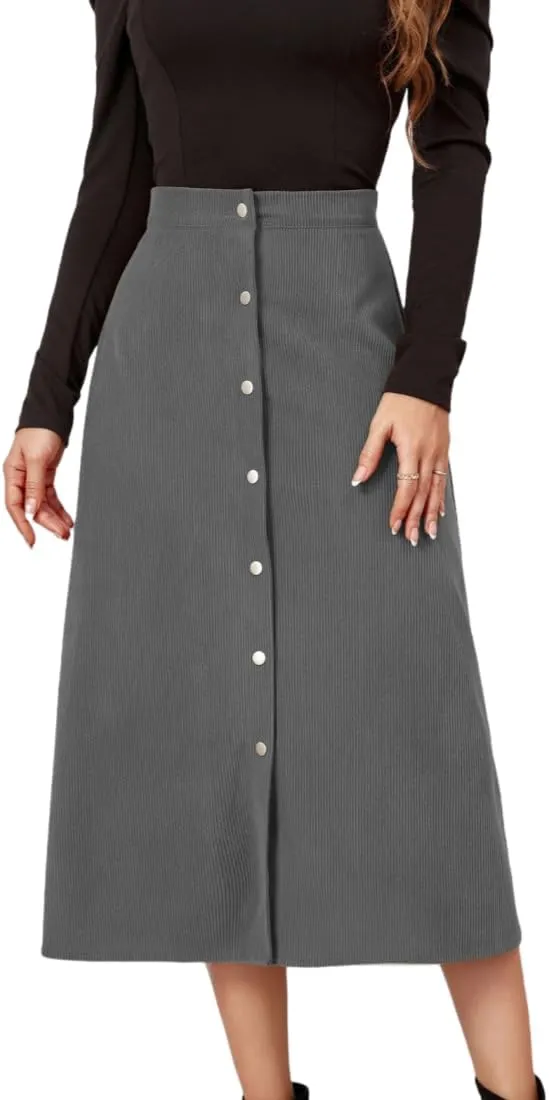 Women's High Waisted Corduroy A-Line Midi Skirt with Front Buttons