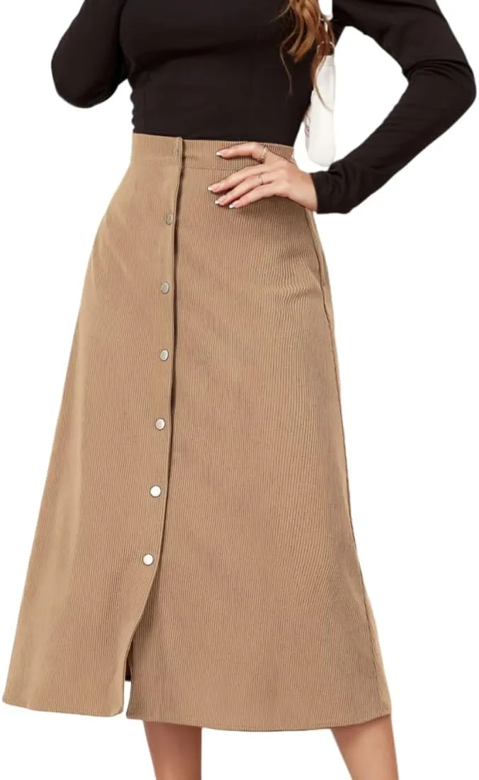 Women's High Waisted Corduroy A-Line Midi Skirt with Front Buttons