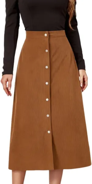 Women's High Waisted Corduroy A-Line Midi Skirt with Front Buttons