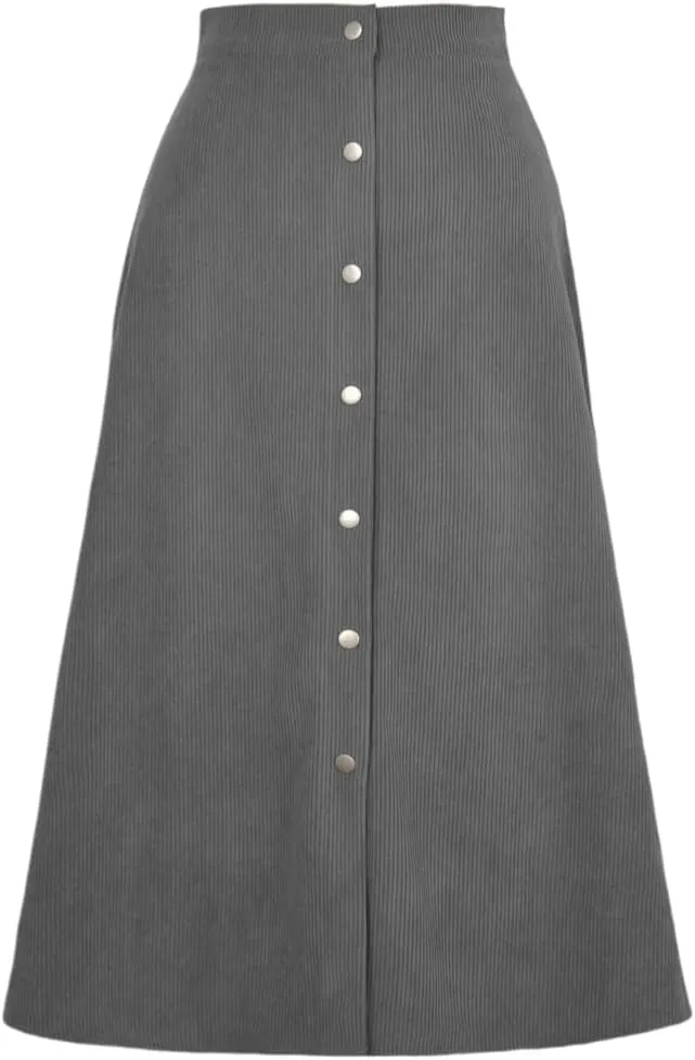 Women's High Waisted Corduroy A-Line Midi Skirt with Front Buttons