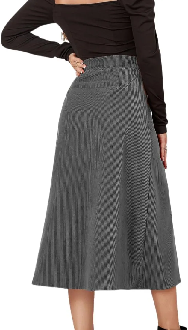 Women's High Waisted Corduroy A-Line Midi Skirt with Front Buttons