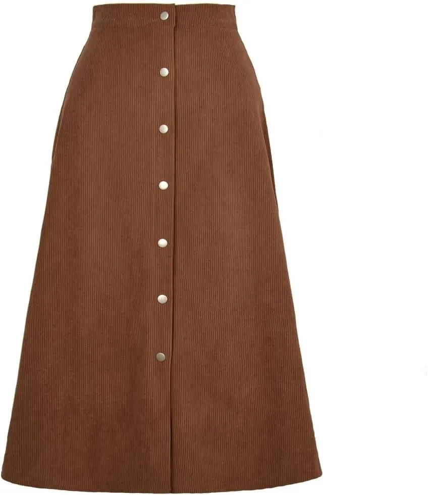 Women's High Waisted Corduroy A-Line Midi Skirt with Front Buttons