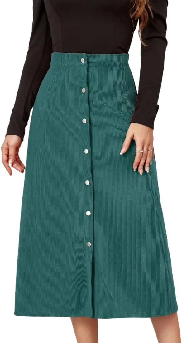 Women's High Waisted Corduroy A-Line Midi Skirt with Front Buttons