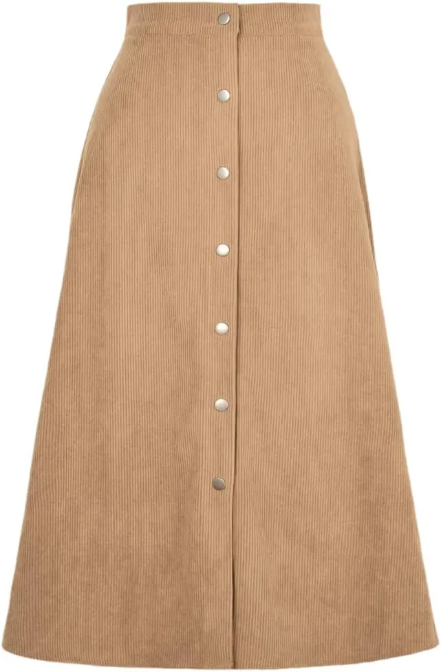 Women's High Waisted Corduroy A-Line Midi Skirt with Front Buttons