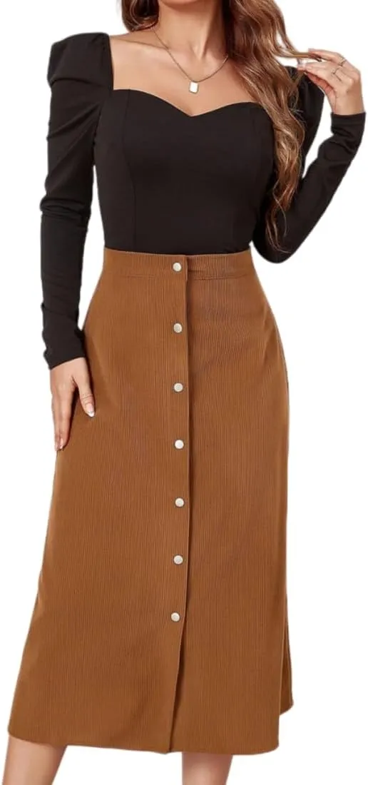 Women's High Waisted Corduroy A-Line Midi Skirt with Front Buttons