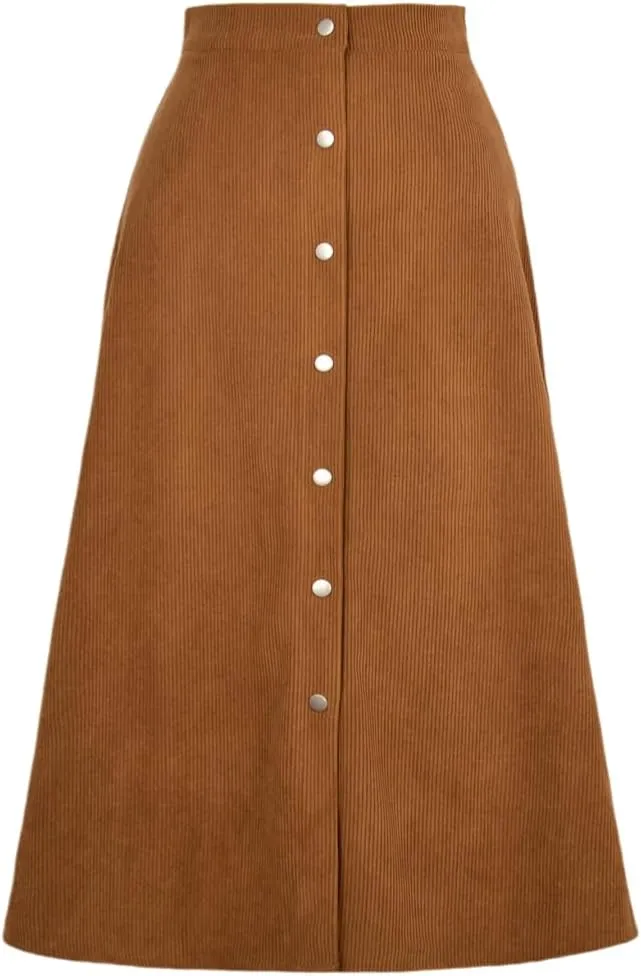 Women's High Waisted Corduroy A-Line Midi Skirt with Front Buttons