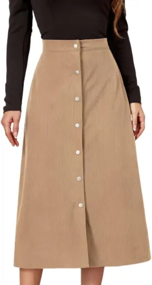Women's High Waisted Corduroy A-Line Midi Skirt with Front Buttons