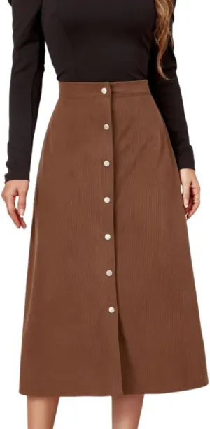 Women's High Waisted Corduroy A-Line Midi Skirt with Front Buttons