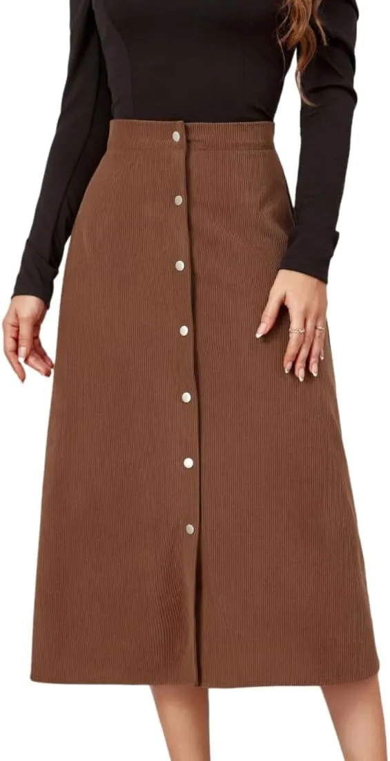 Women's High Waisted Corduroy A-Line Midi Skirt with Front Buttons