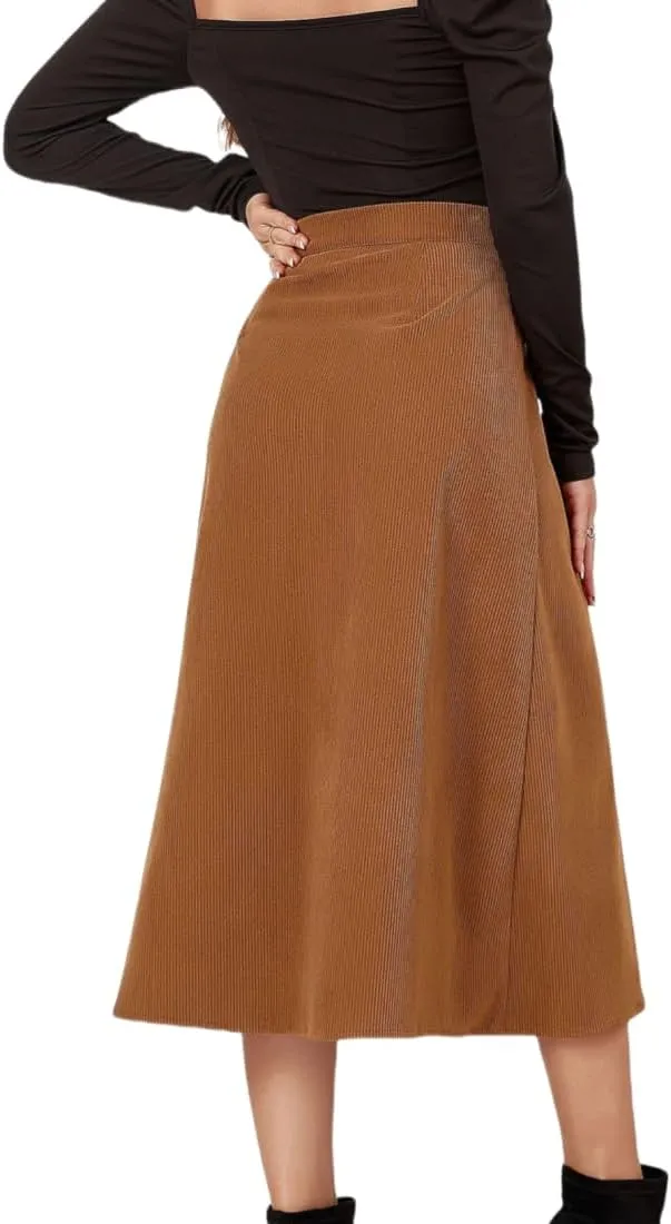 Women's High Waisted Corduroy A-Line Midi Skirt with Front Buttons