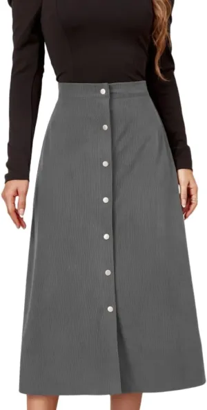 Women's High Waisted Corduroy A-Line Midi Skirt with Front Buttons