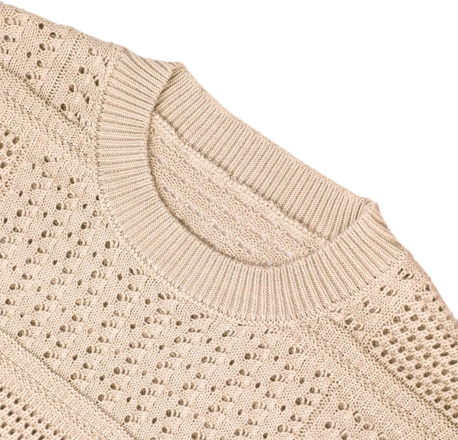 Women's Hollow Out Crew Neck Long Sleeve Loose Knit Short Sweaters Pullover Jumper Blouse Tops