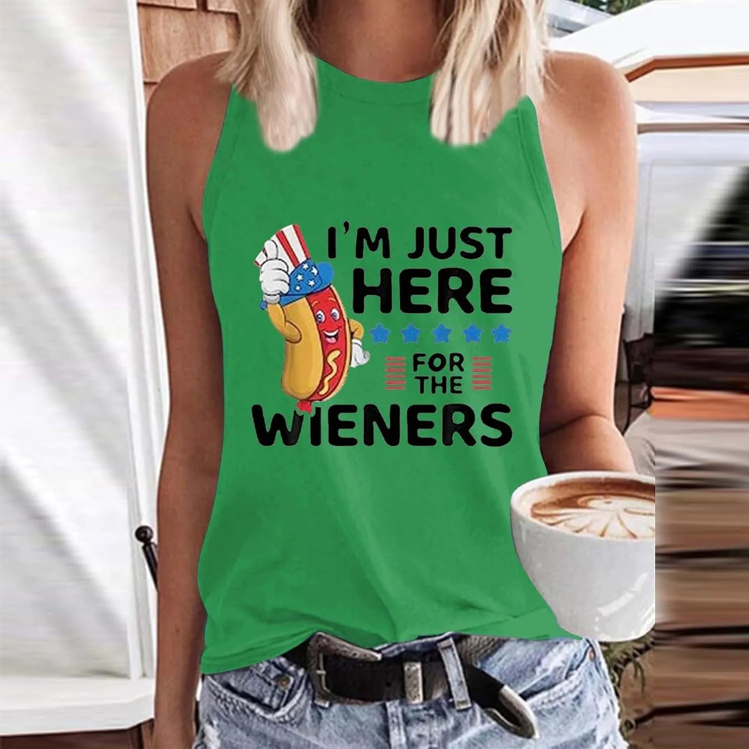 Womens I'm Just Here for The Wieners Tank Tops 4th of July Shirts American Flag Patriotic Plus Size Sleeveless Tee