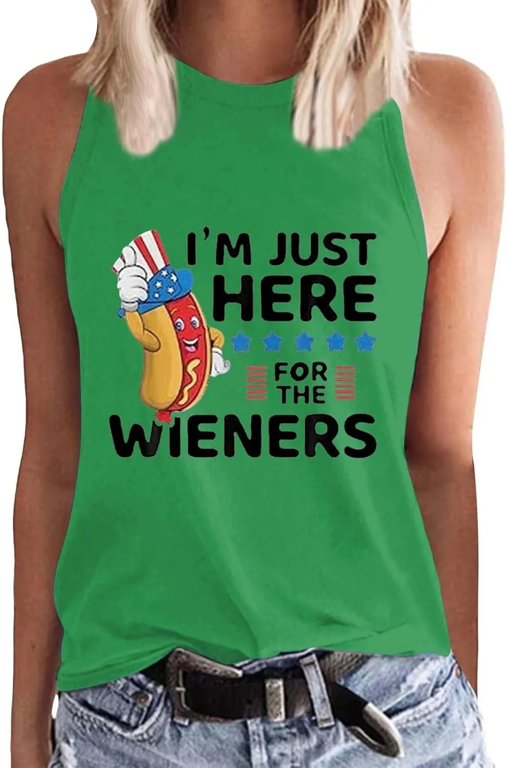 Womens I'm Just Here for The Wieners Tank Tops 4th of July Shirts American Flag Patriotic Plus Size Sleeveless Tee