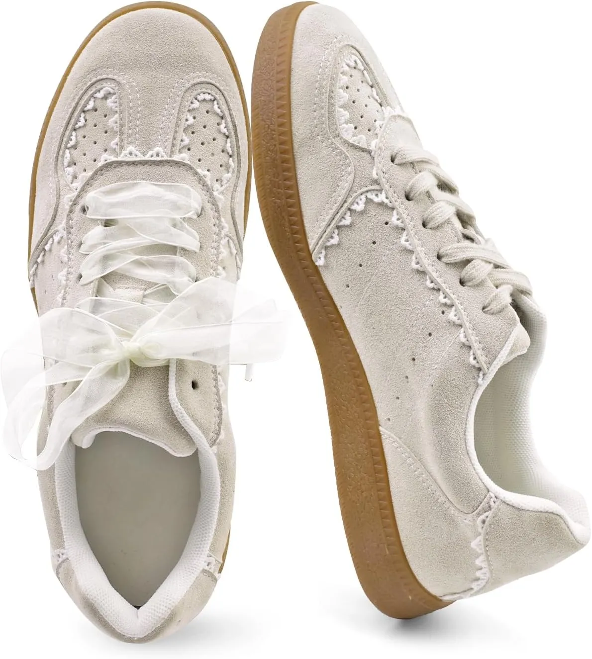 Women's Lace Detail Lace-Up Casual Sneakers - Elegant Ribbon Ribbon Lace Walking Shoes Non-Slip Sole Breathable Comfort for Daily Outfits